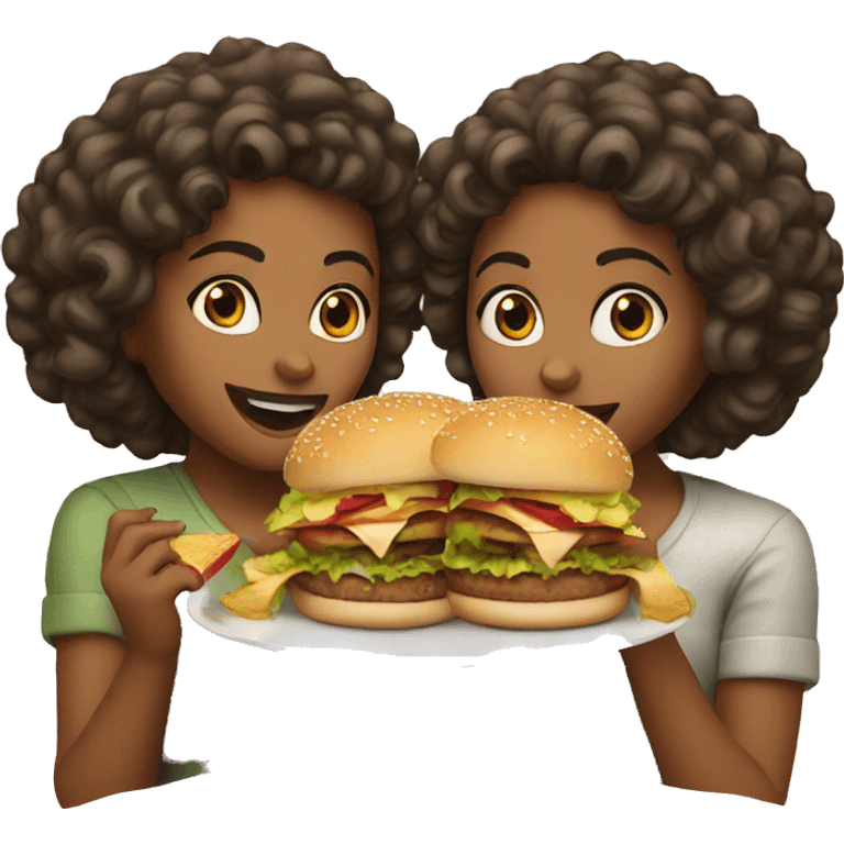 two curly girls eating hamburgers emoji