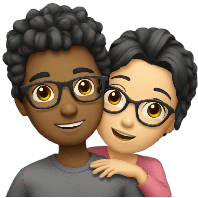 Boy with blonde hair and glasses hugging girl with black hair and glasses emoji