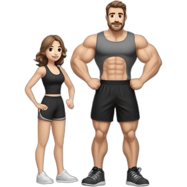 Full height realistic Actively gesturing with hands Pale skinned Fit Man With the biceps and brown hair in dark gray Sleeveless Mike, black oversize sports shorts, watch and white Sneakers emoji