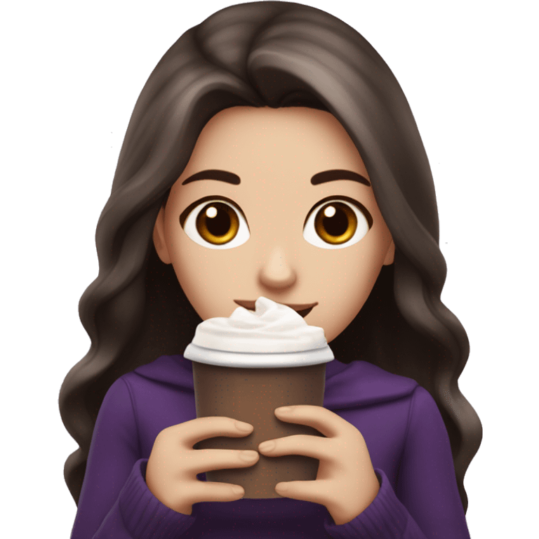 white girl with dark brown long hair with purple ombré and a hot chocolate emoji