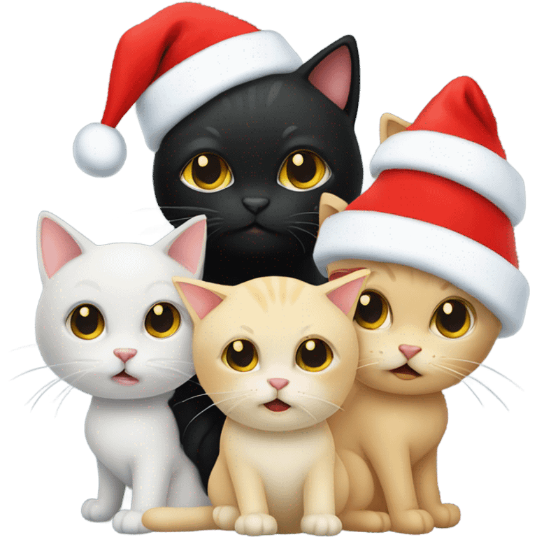 One black cat, 2 blonde cats all wearing Santa hats emoji