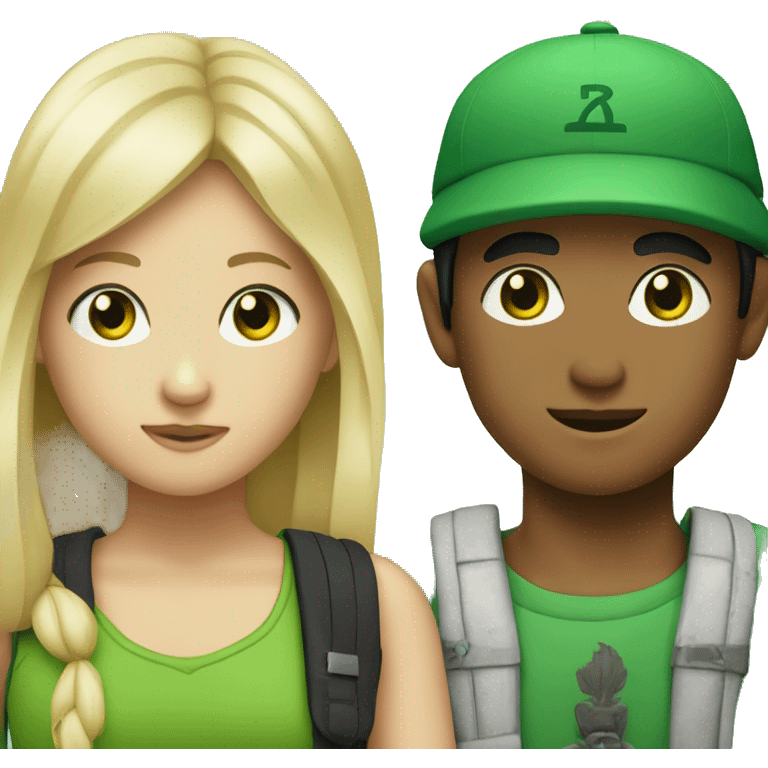 blonde boy with green eyes wearing green cap written bali on it with Asian girl with long straight black hair  emoji