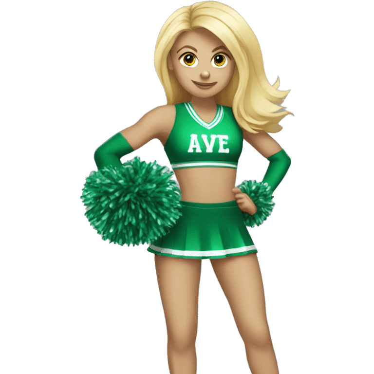 blonde cheerleader wearing green uniform holding green pompoms emoji