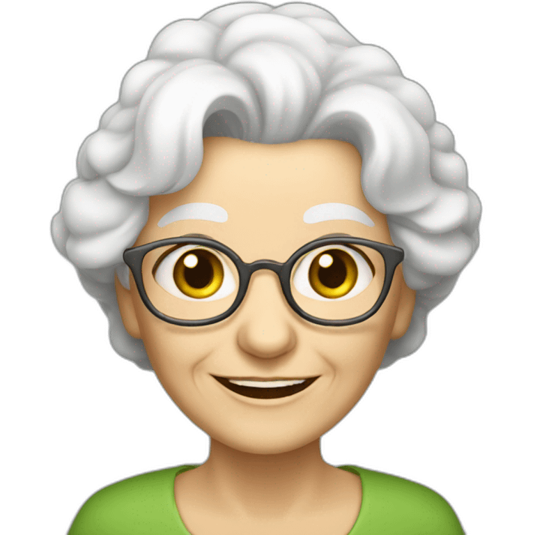 old woman grandma with white hair, white skin, green eyes, smiling emoji