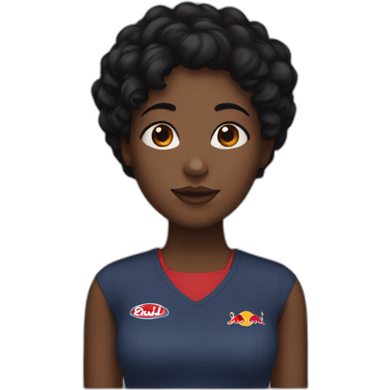 A black girl, brown eyes, short black hair with a red bull can emoji