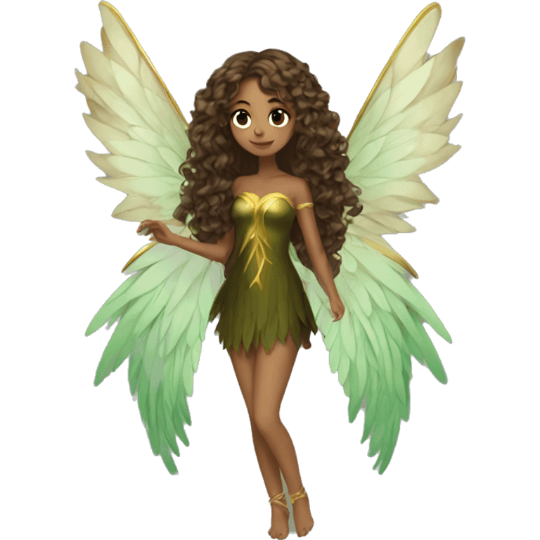 big wings, Beautiful, fairy, gold, brown, dark green, green, long hair emoji