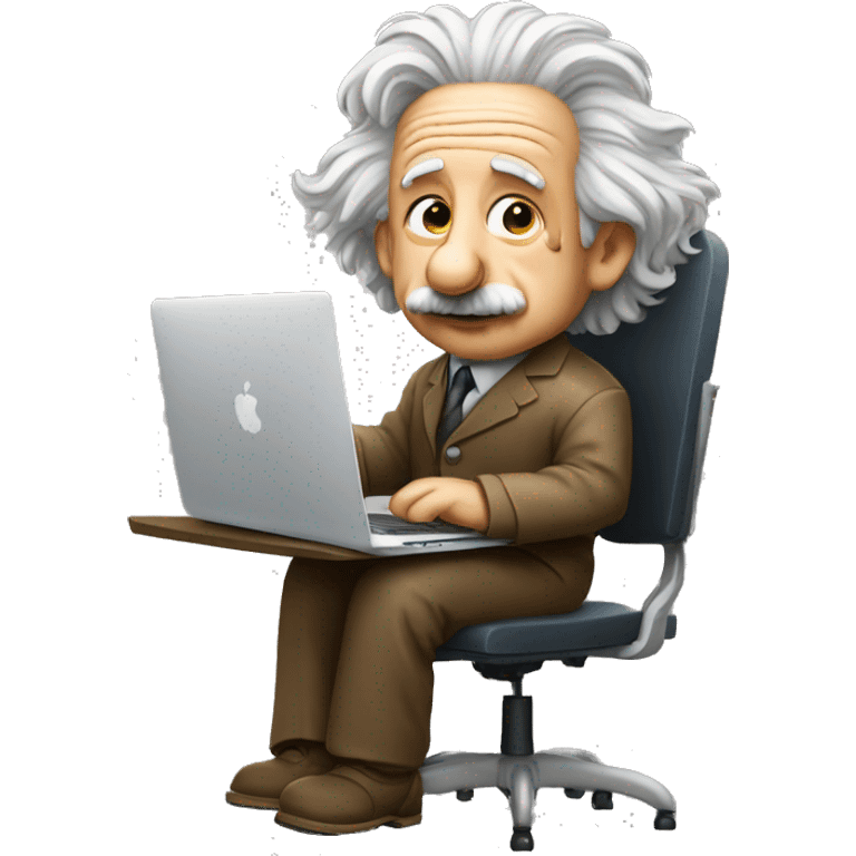 albert einstein sitting in the chair with apple macbook emoji