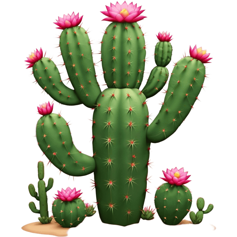 Cinematic Realistic Cactus Emoji, Tall and spiny, with thick, rounded stems covered in sharp spines. Bright flowers bloom at the tips of some branches, adding a pop of color against the desert backdrop. Soft glowing outline, capturing the essence of strength, survival, and desert beauty in a striking cactus! emoji