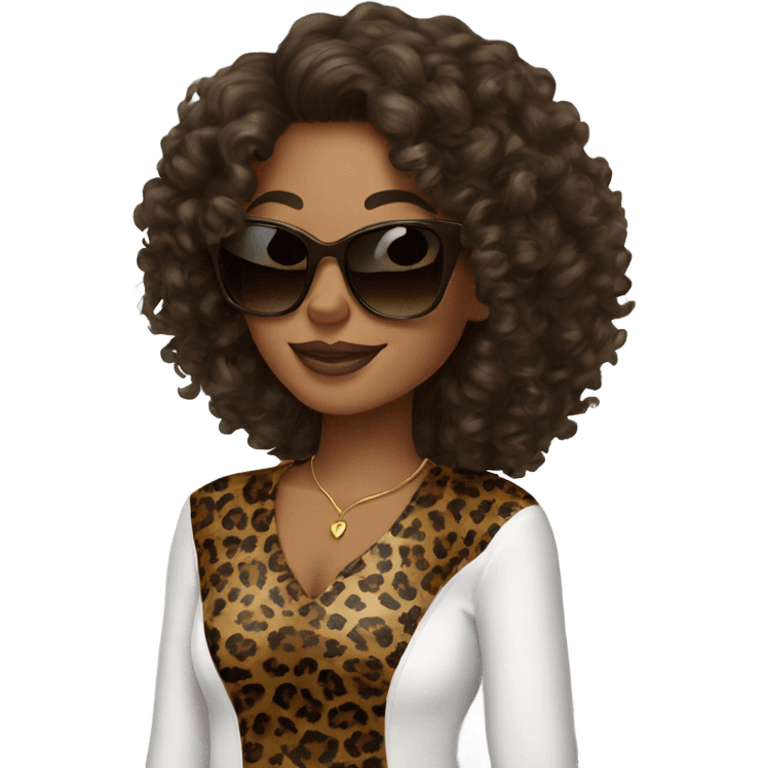 curly hair brunette with leopard color sunglasses emoji