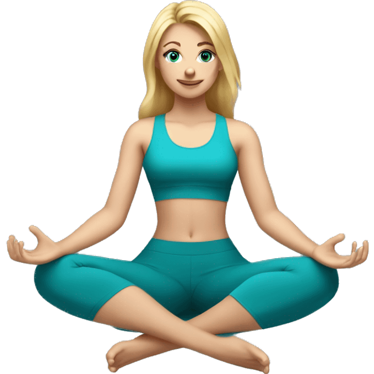 Blonde Yoga girl sitting teal cropped top blue eyes emoji