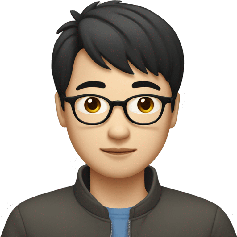 A young Chinese man with black hair, short hair, and a center cut. He has black framed glasses, small eyes, big nostrils, and a round face. He is working with a laptop in front of him emoji