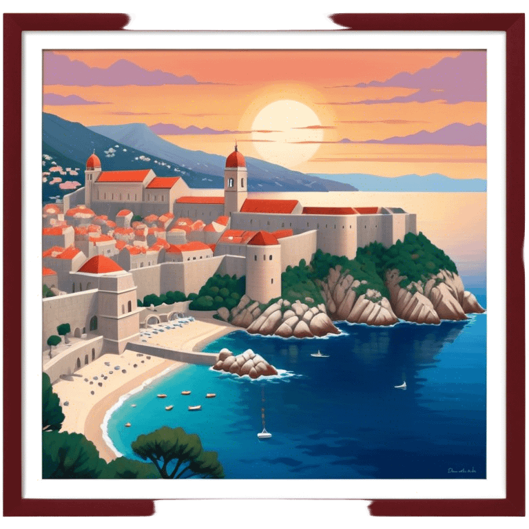 Cinematic Realistic aerial view of the historic city of Dubrovnik, showcasing its iconic red-roofed architecture, fortified walls, and sparkling Adriatic coastline, rendered with rich textures and warm Mediterranean lighting that captures its old-world charm. emoji