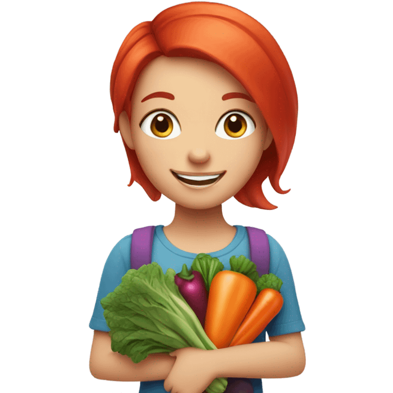 smiling girl with blue eyes red hair holding vegetables emoji