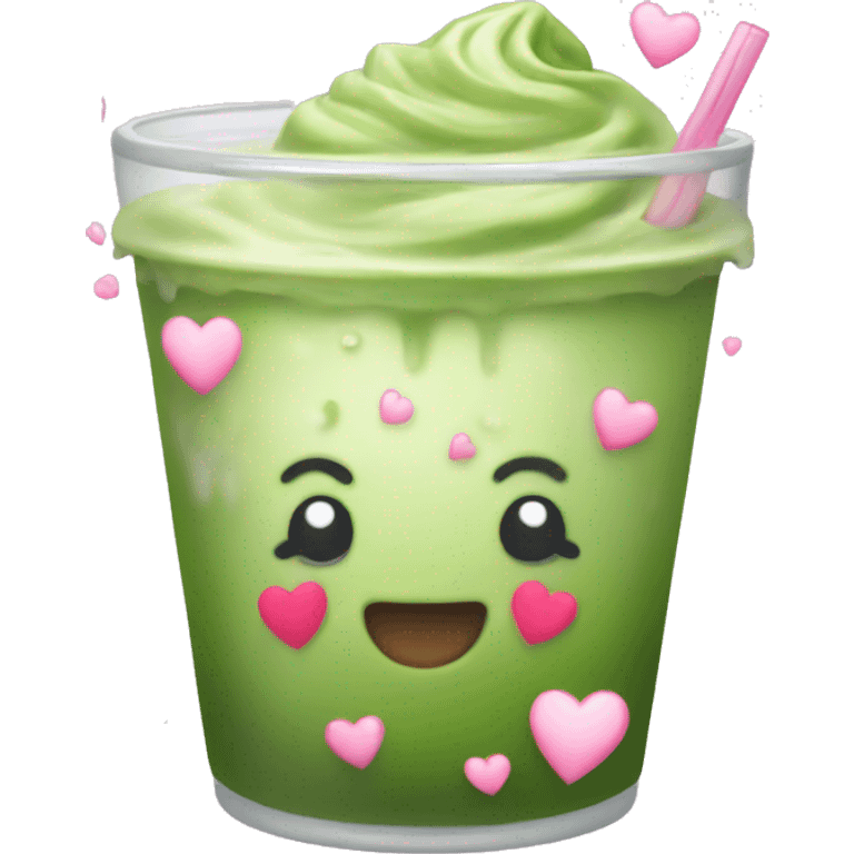 Iced matcha with pink hearts around emoji