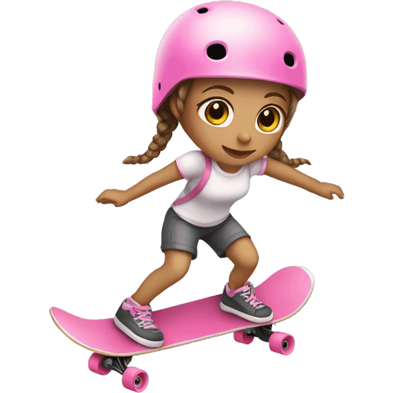 little girl white, brown hair with braids, with pink helmet skateboarding emoji