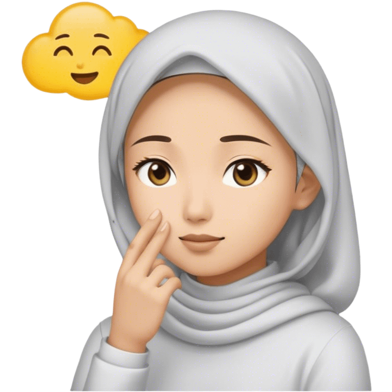 Model: Sticker. A white young asian Muslim woman are thinking something. Her eyes rolling to up right. Her hand touching face. There's emoji cloud to describe what she thinking about. emoji