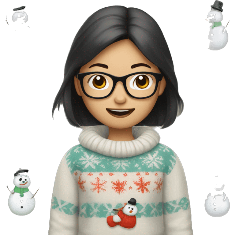 asian girl with glasses and snowman sweater shaking cowbell emoji