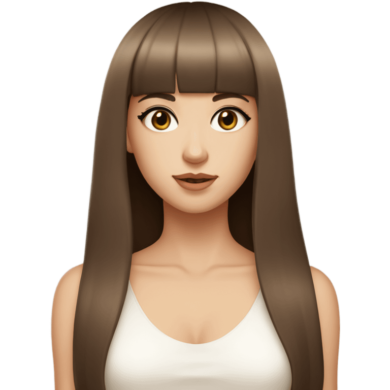 beautiful model, beige skin, light eyes, double eyelids, straight long brown hair, bangs, white top emoji