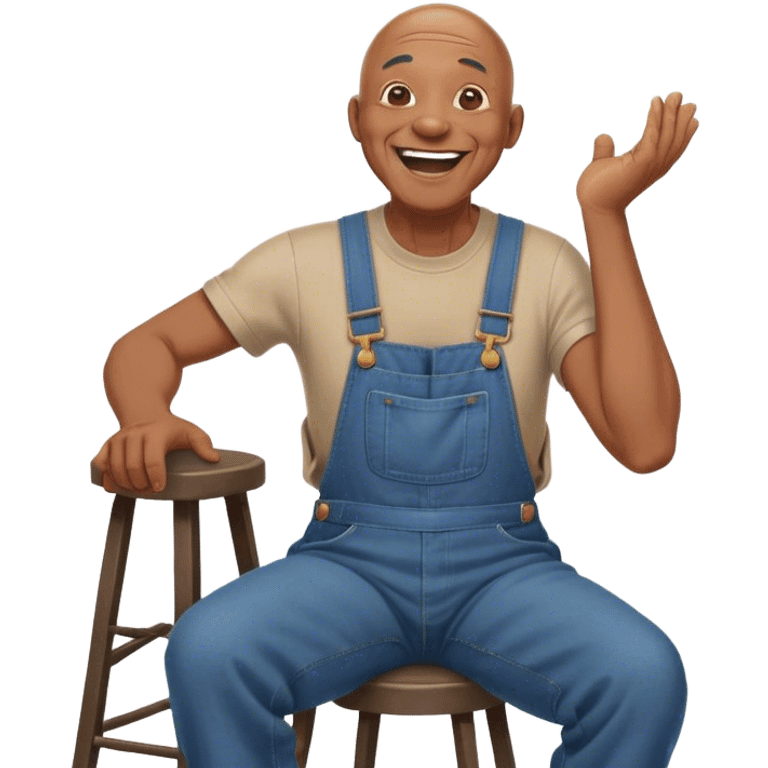 Side view Laughing hitelling storystarically Old bald black man sitting on stool wearing overalls emoji