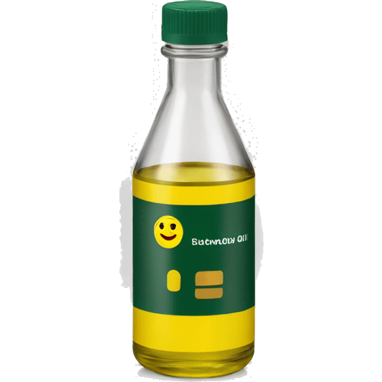 generic oil bottle, color dark green and yellow label, resting on surface emoji