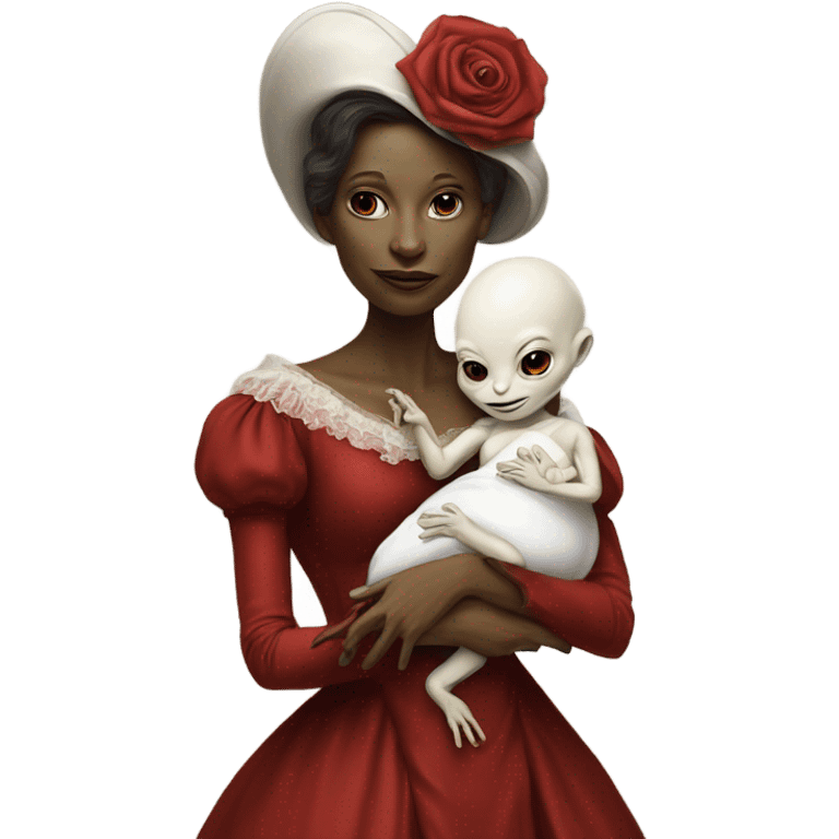  Reptilian alien woman , full body, in victorian red elegant dress , holds a newborn white humman baby emoji