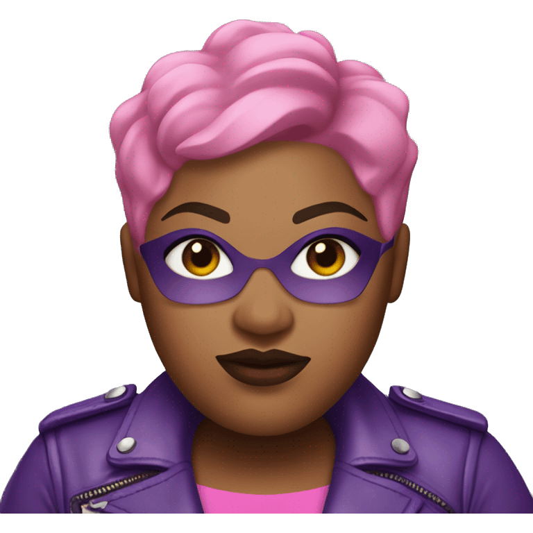 Plus size black woman with extremely short pink hair and a purple leather biker jacket with makeup on face. emoji