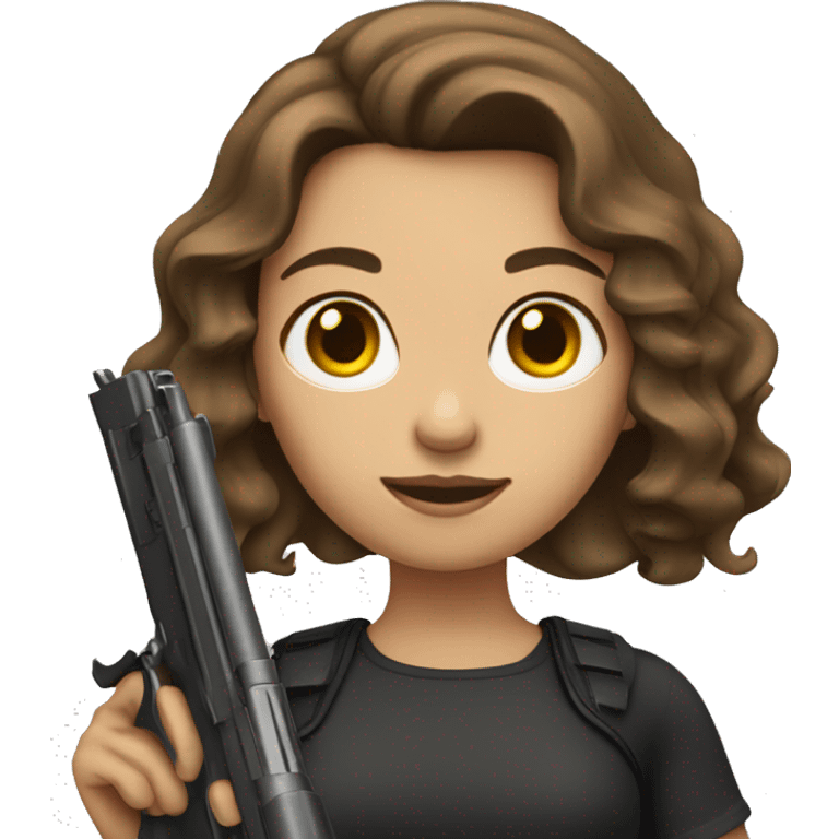 Girl with shoulder length wavy brown hair holding gun emoji