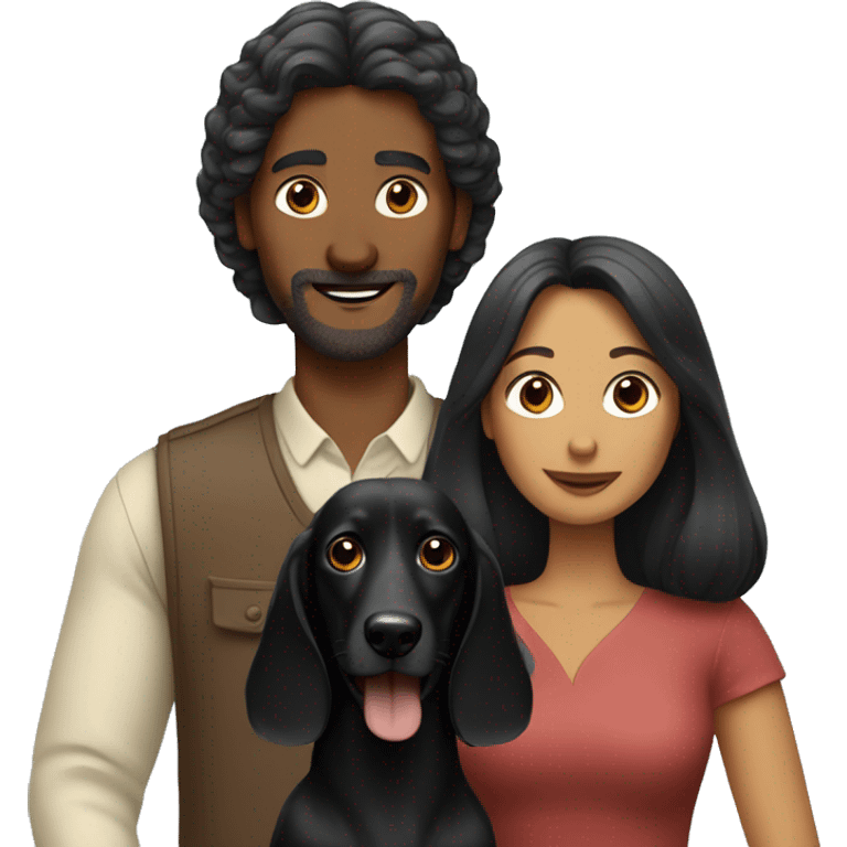 Woman and man with two long-haired black dachshunds emoji