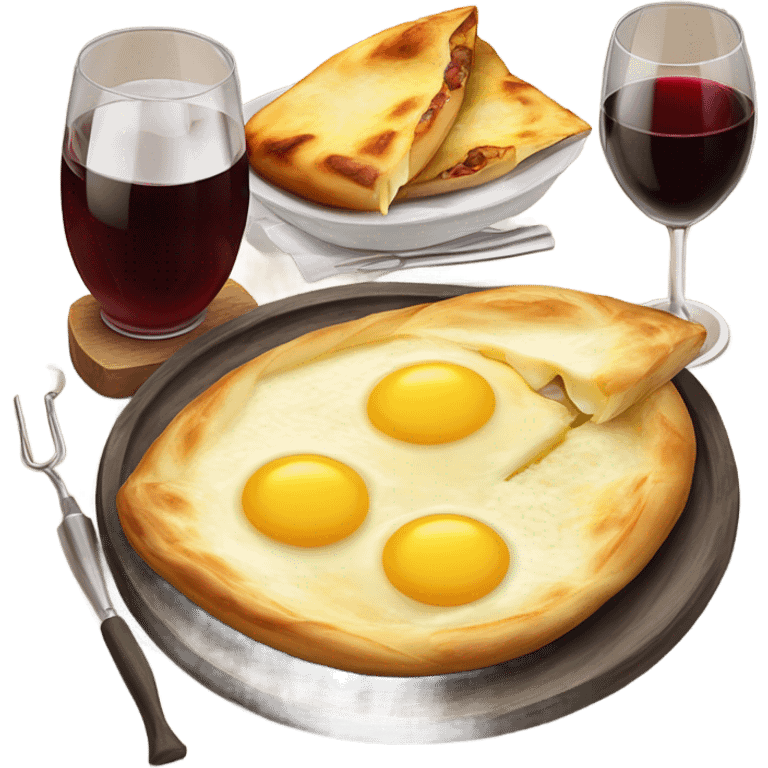 Khachapuri in Ajarian style, 2 identical  glasses of wine and 2 skewers with meat   emoji