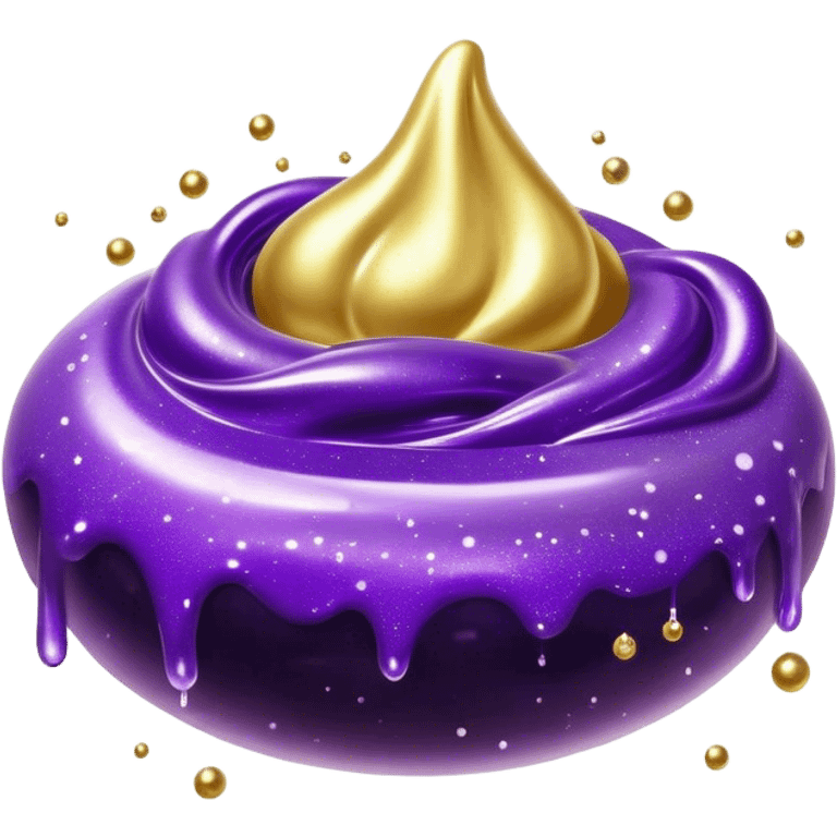 Cinematic Realistic Shiny Slime Mixed with Glitter, thick and glossy with swirling metallic flecks suspended inside, a dynamic mix of deep purple and golden sparkles, light catching every shimmer, flowing smoothly with realistic folds and ripples, glowing with an enchanting, almost liquid-metal effect. emoji