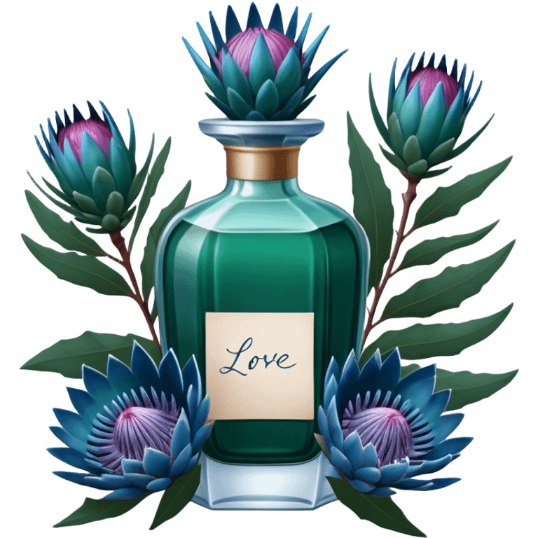 Dark green captivating perfume bottle with blue proteas and a handwritten love letter emoji