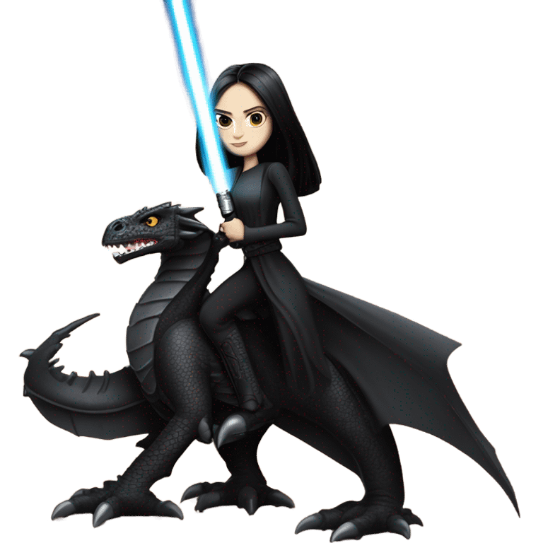 Determined and beautiful armored teen Morticia Addams Jedi riding on the back of a giant black dragon emoji