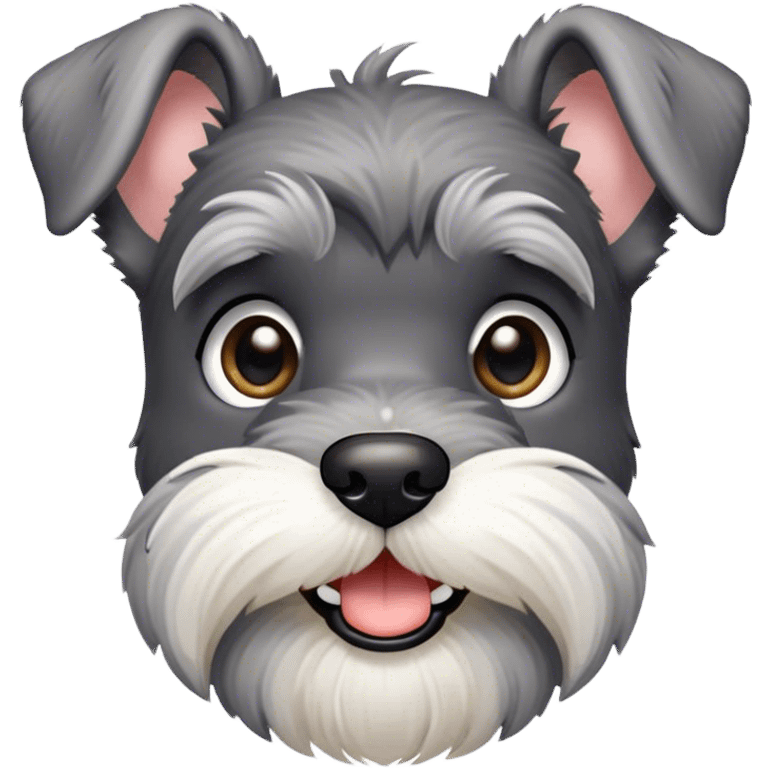 Cinematic Cute Miniature Schnauzer Portrait Emoji, Head cheerfully cocked with expressive, twinkling eyes and a neatly trimmed, adorable salt-and-pepper fur, simplified yet endearingly detailed, glowing with a bright, friendly radiance, high shine, exuding smart and spunky charm, styled with a delicate, whimsical outline, capturing the essence of a cute Miniature Schnauzer that appears ready to scamper off the screen with delightful energy! emoji