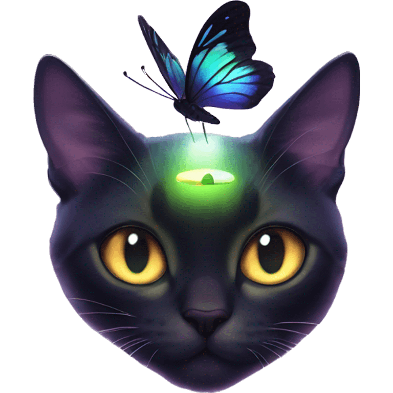 Dark iridescent butterfly glowing on top of cats head  emoji