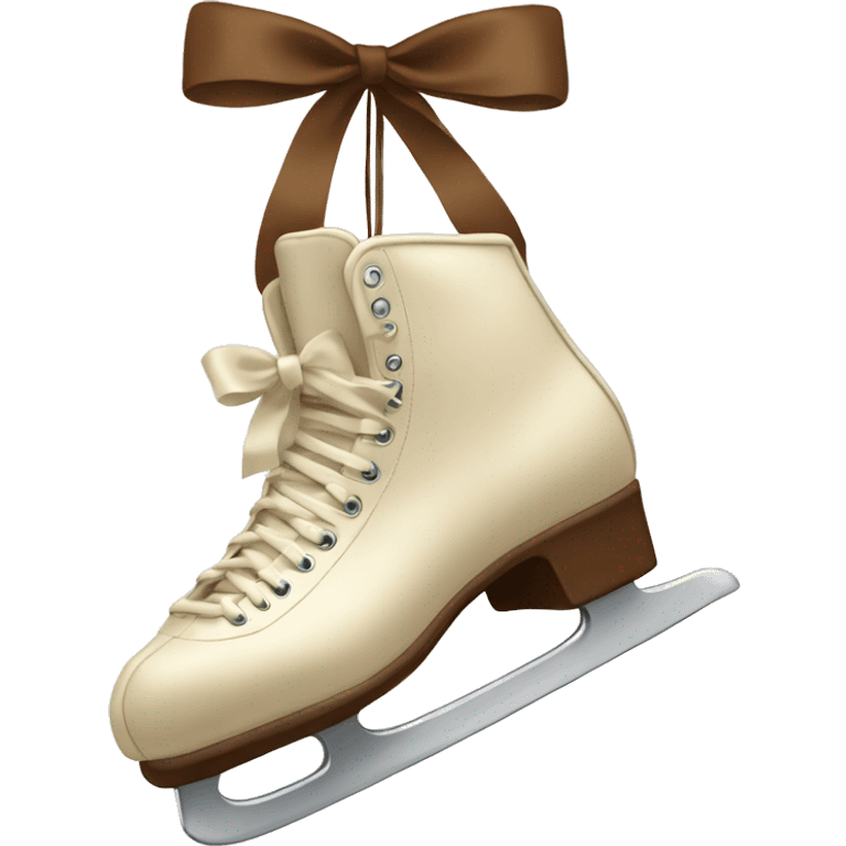 Cream color pair of ice skates hanging from a brown bow emoji