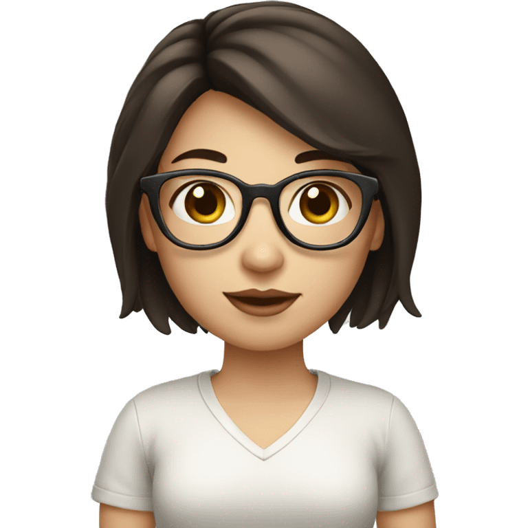 Girl with dark brown hair chinky eyes with glasses and white skin hold macbook emoji