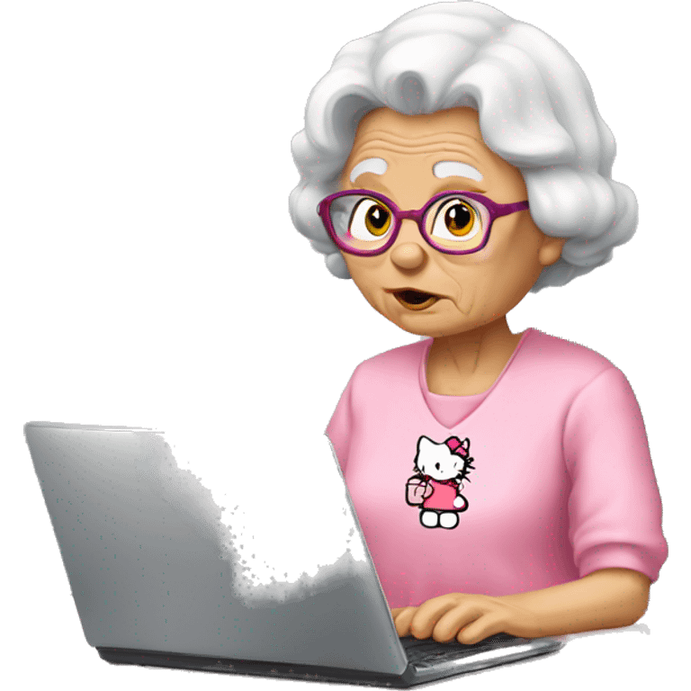 Old lady wearing a hello kitty shirt trying to work a PC emoji