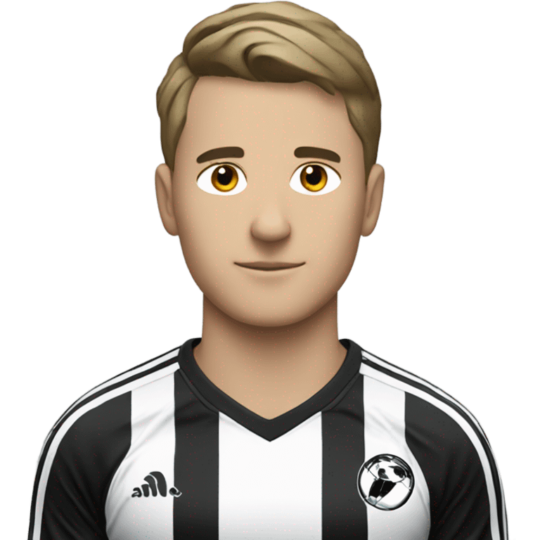 football shirt wit black and white stripes with a small magpie as the badge worn by a white 20 year old emoji