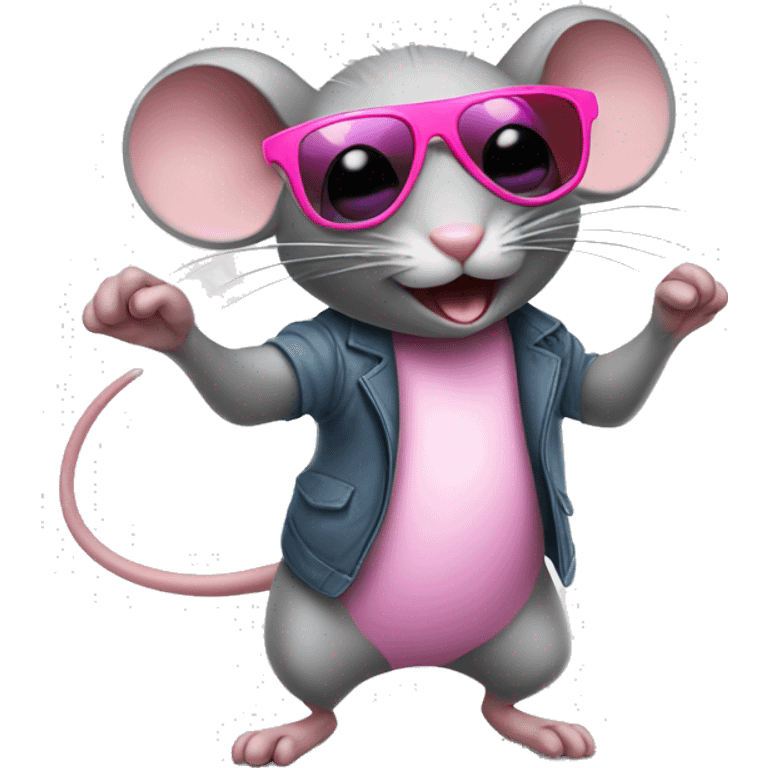 A grey mouse with pink sunglasses dancing emoji