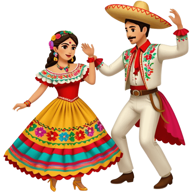 Cinematic Realistic scene of two performers dancing the Jarabe Tapatío, dressed in colorful traditional Mexican costumes with intricate embroidery, captured in energetic, festive motion with vibrant, celebratory lighting emoji