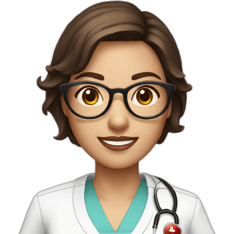 A single smart female nurse with uniform with golden round glasses with short dark brown hair with beautiful smile and pinky lip emoji