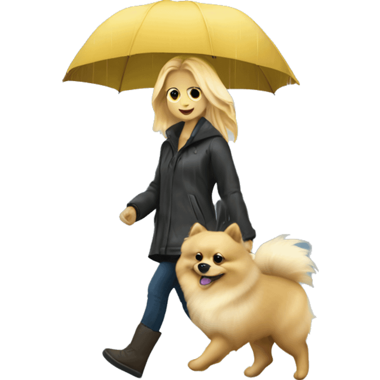 Blonde girl walking pomeranian under the rain emoji