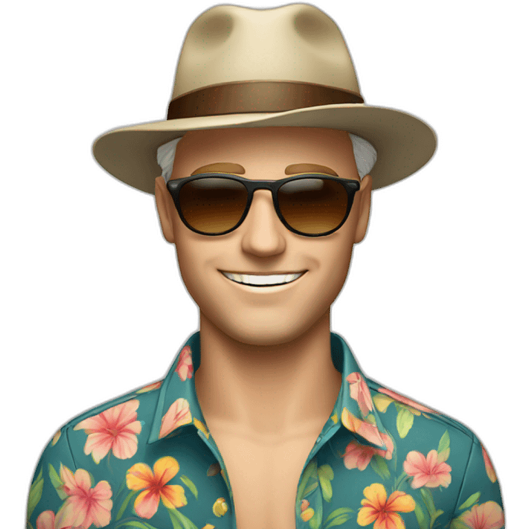 white man smirking wearing hat, sunglasses, floral shirt open emoji