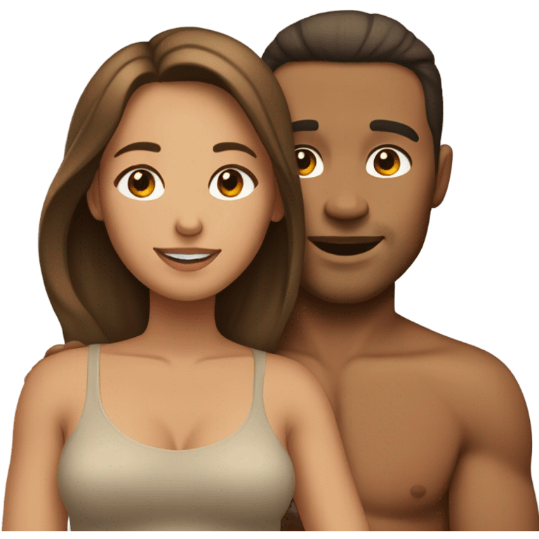 Tan skin woman shoulder length long brown hair hugging tan skin man  emoji