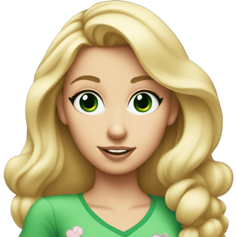 blonde woman with green eyes and cute shirt wearing minnie mouse ears emoji