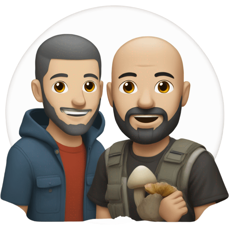 Bald bearded white man and wavy black haired Asian man eating mushrooms emoji