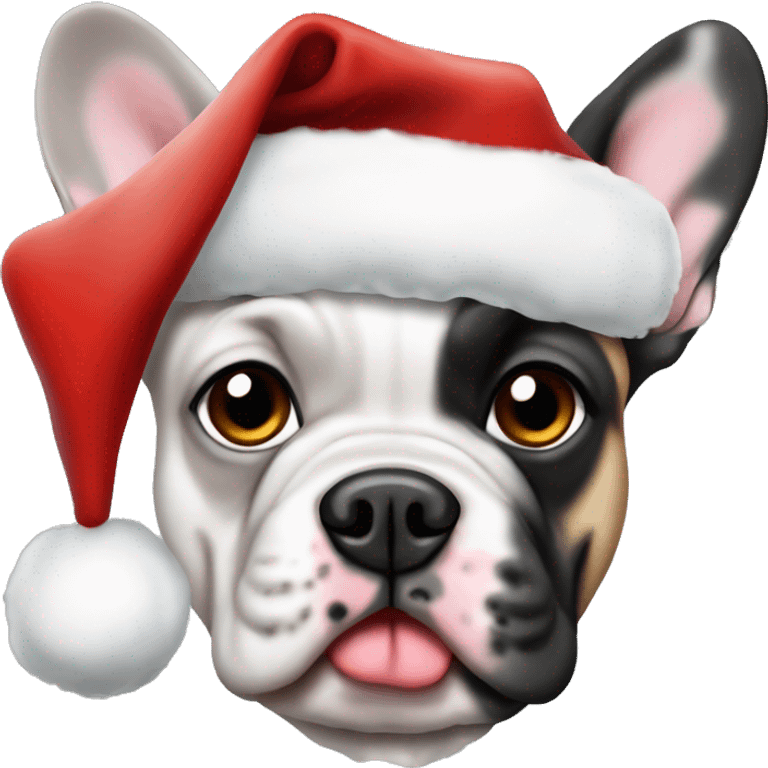 merle frenchbulldog with a christmas hat emoji