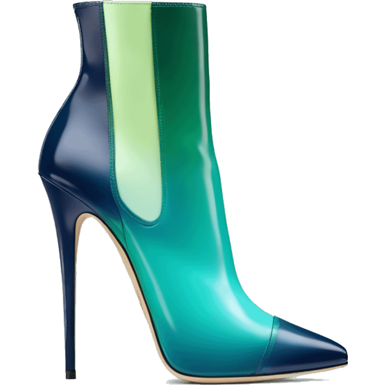 Realistic isolated front top view of a pair of light teal,green,navy blue ombre Jimmy Choo stiletto high heel boots. emoji