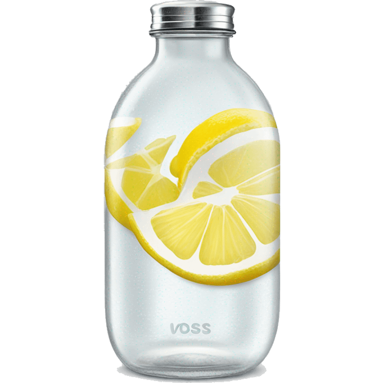 voss branded glass water bottle with lemon slices inside hyperrealistic soft textures and fine details emoji