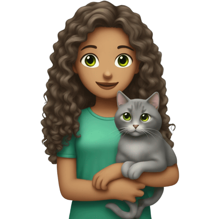 Long Curly hair girl with brown eyes holding a grey cat with green eyes emoji